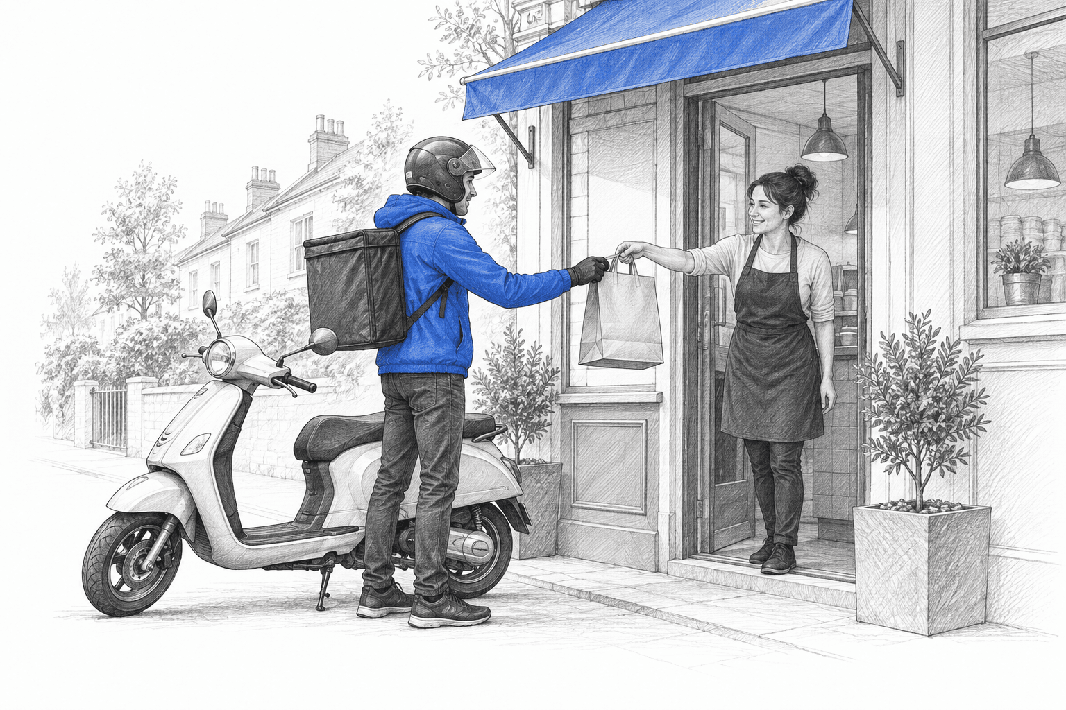 Pencil illustration of a delivery rider collecting an order from an independent British takeaway